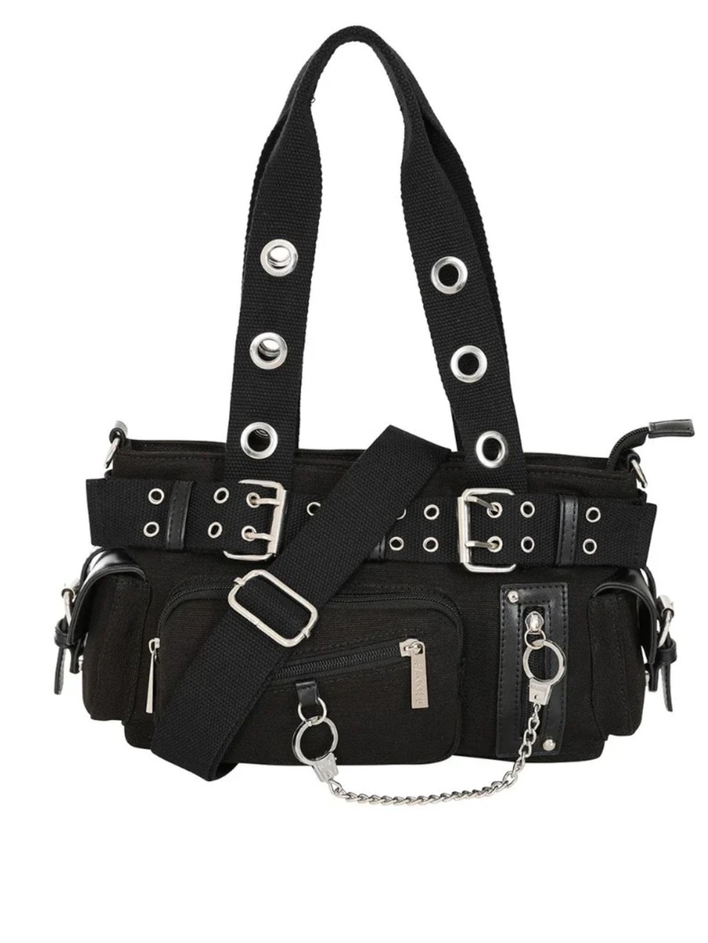 BANNED Black Canvas Crossbody Utility Bag with Silver Hardware